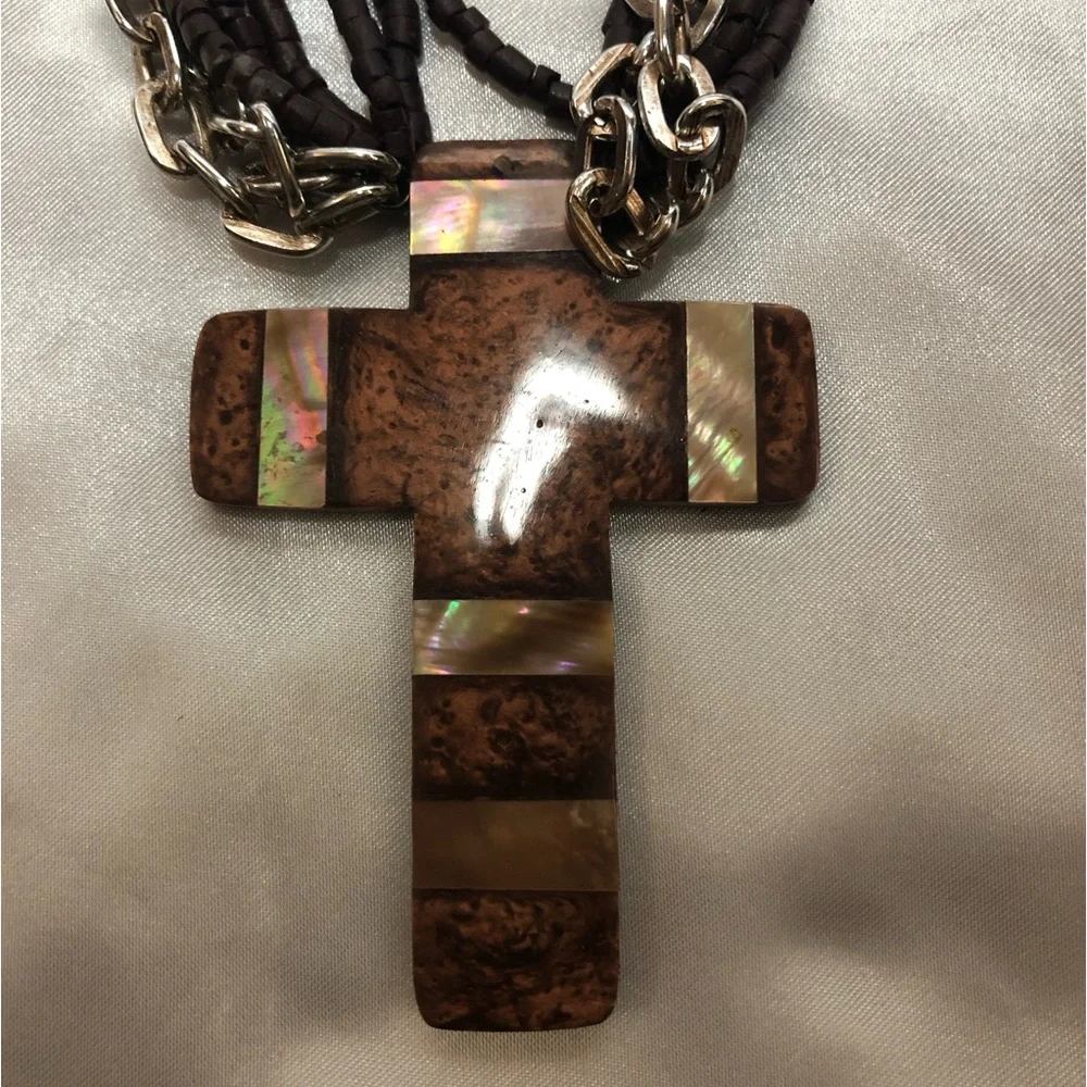 Tiger’s Eye Costume Fashion Brown and Silver Cross Necklace and Earring Set. New